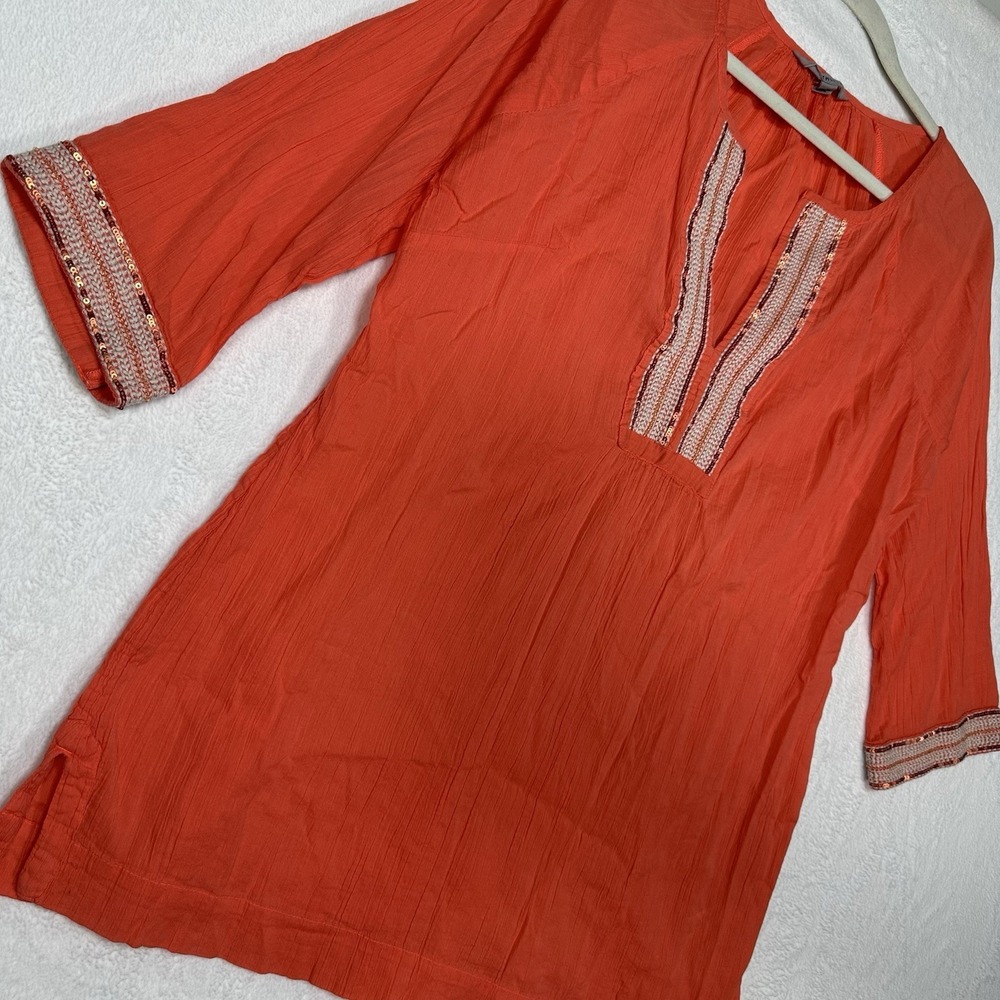 Athleta Embroidered Beaded Tunic S Coral Orange Cotton Sequin V-Neck Boho Resort - Picture 2 of 9